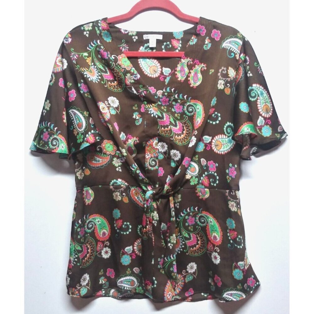 Cato top blouse Paisley brown blue pink Sz L Flowy flutter Sleeve Front ties EUC